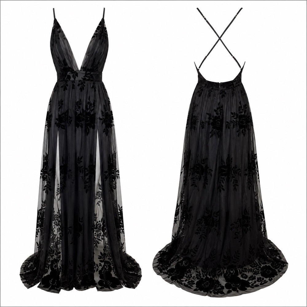 The Vintage Shop Dress Sz M Black Floral Burn Out Flocked Maxi Evening
